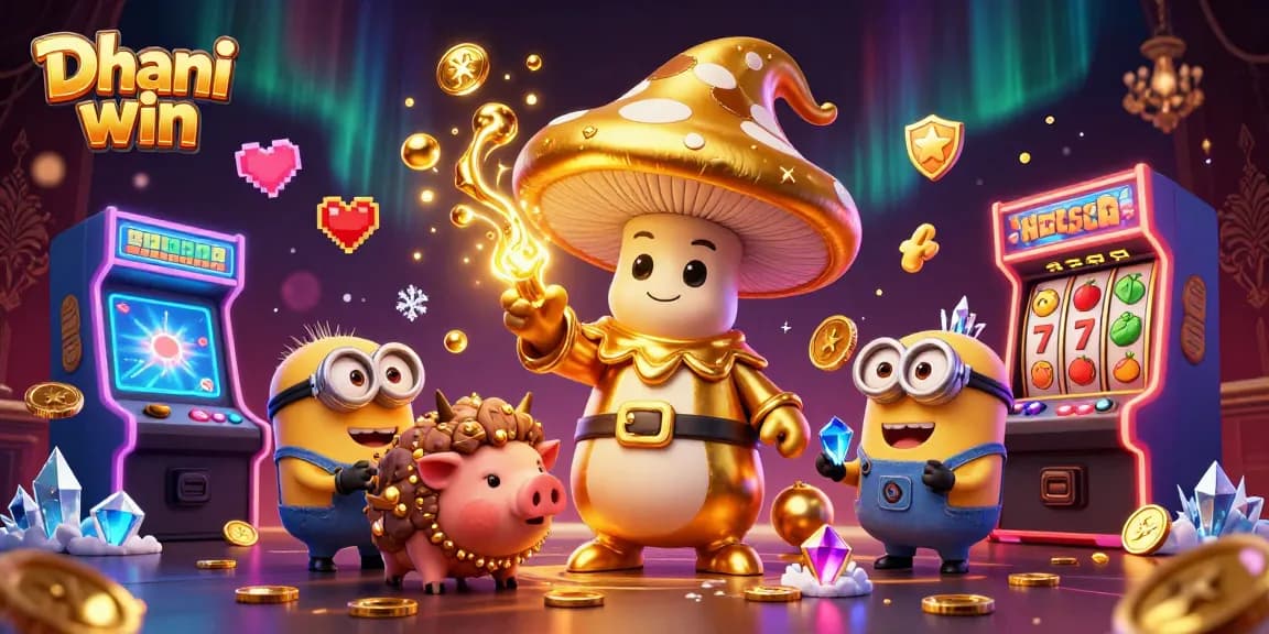 Dhani win gaming experience with a golden mushroom wizard and treasure elements in a vibrant casino scene