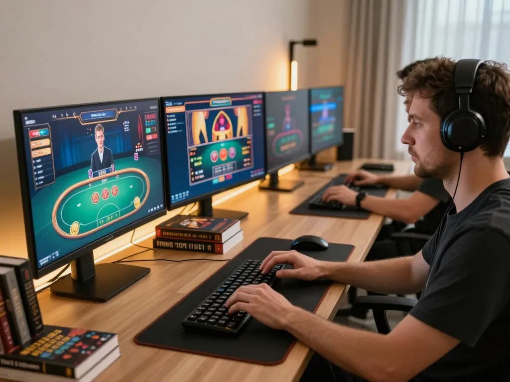 Engaging online gaming session showcasing MB88 TRANG CHỦ with strategic poker gameplay on multiple screens.