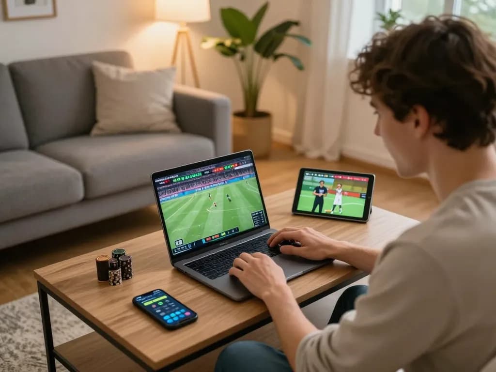 Person placing a bet on 789bet while enjoying a live sports match in a cozy home setting