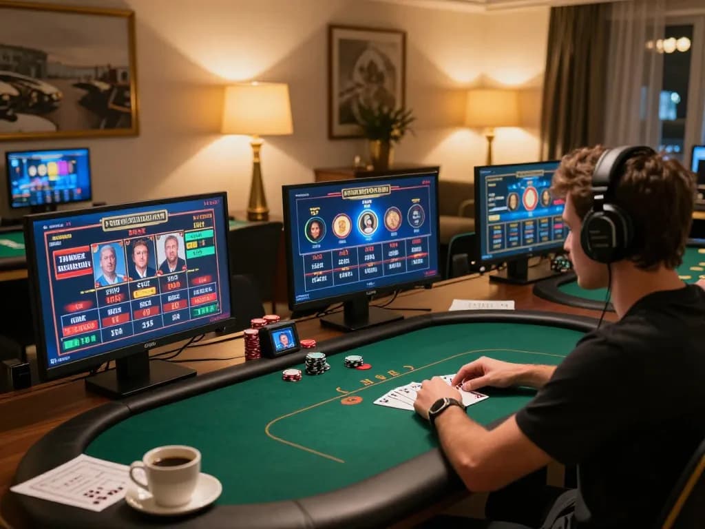 G28 player focused on high-stakes poker with vibrant games displayed on multiple screens