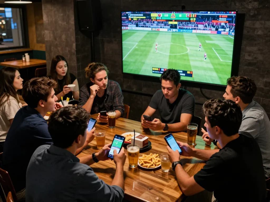 Sports enthusiasts engaging in live betting at https://da88at.com/ while watching a match with friends.