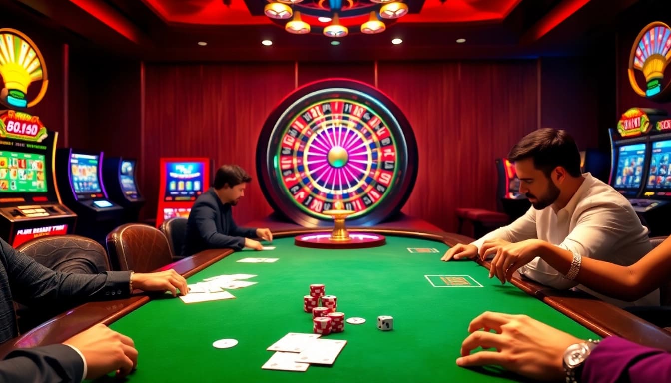 Experience the thrill of a high-stakes poker game with ok8386, featuring vibrant casino elements.
