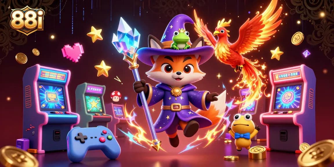 Engage with 88i through a vibrant scene featuring a wizard fox and his phoenix companion in a dynamic casino illustration.