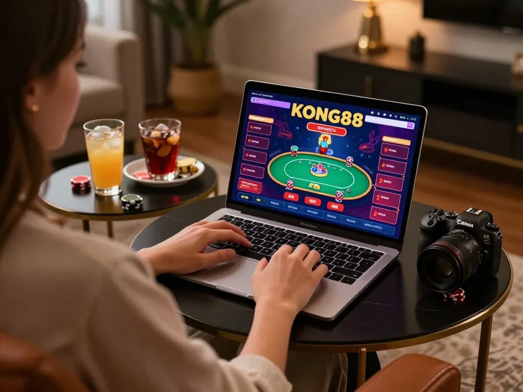 KONG88 online gaming interface displayed on laptop with player engaging in responsible betting.