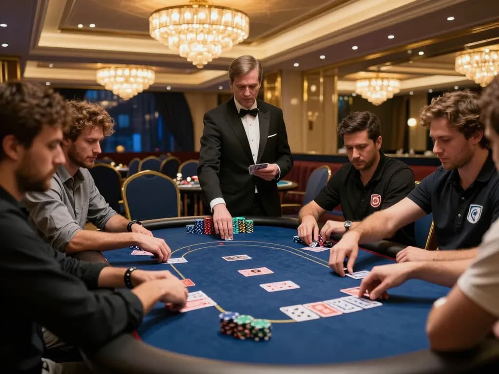 Kkwin players engaging in high-stakes poker game at luxury casino with dealer managing bets