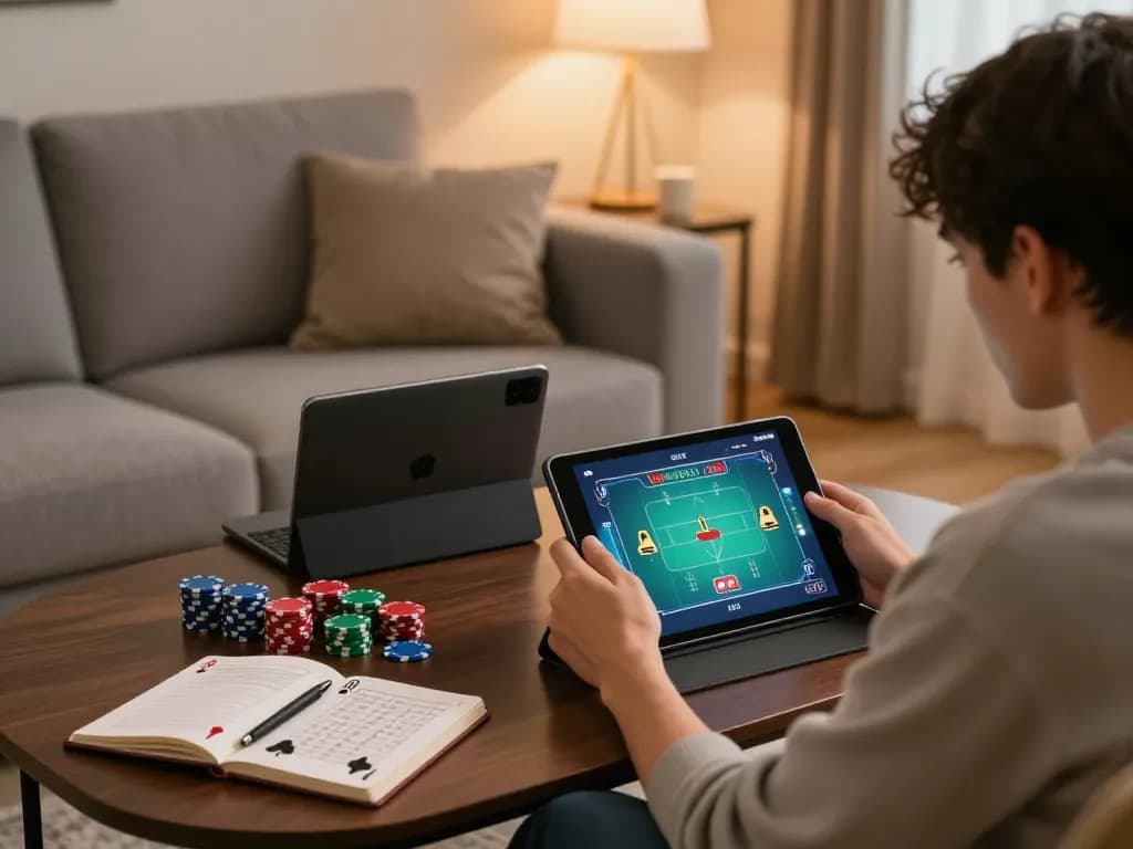 Engaging in online poker at 888slot with relaxed atmosphere and strategic setup.