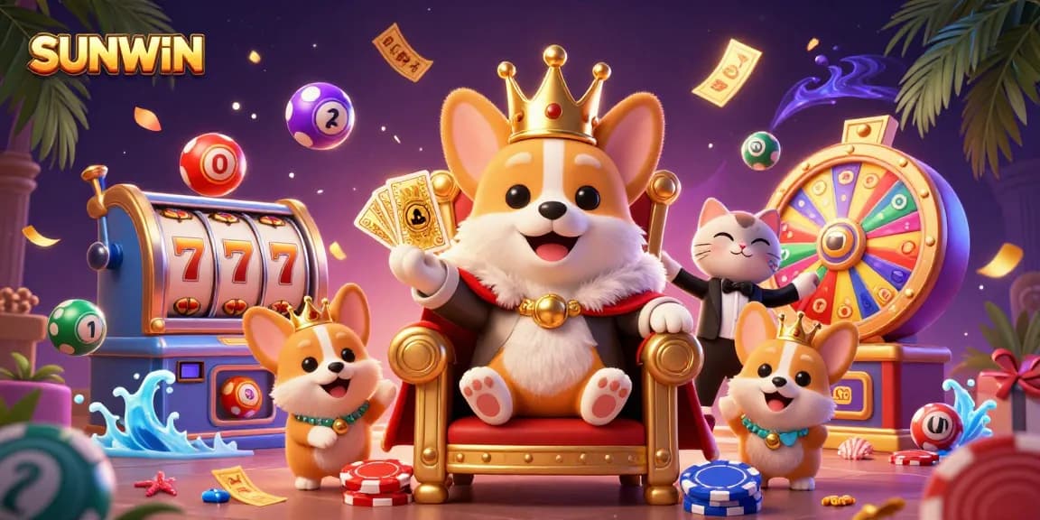 SUNWIN brings excitement to slots with an energetic cartoon scene featuring crowned corgi royalty.