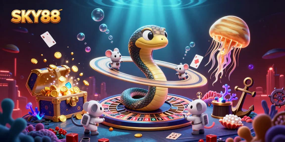 Place your bets at SKY88 as astronaut mice navigate a cosmic casino with vibrant gaming elements.
