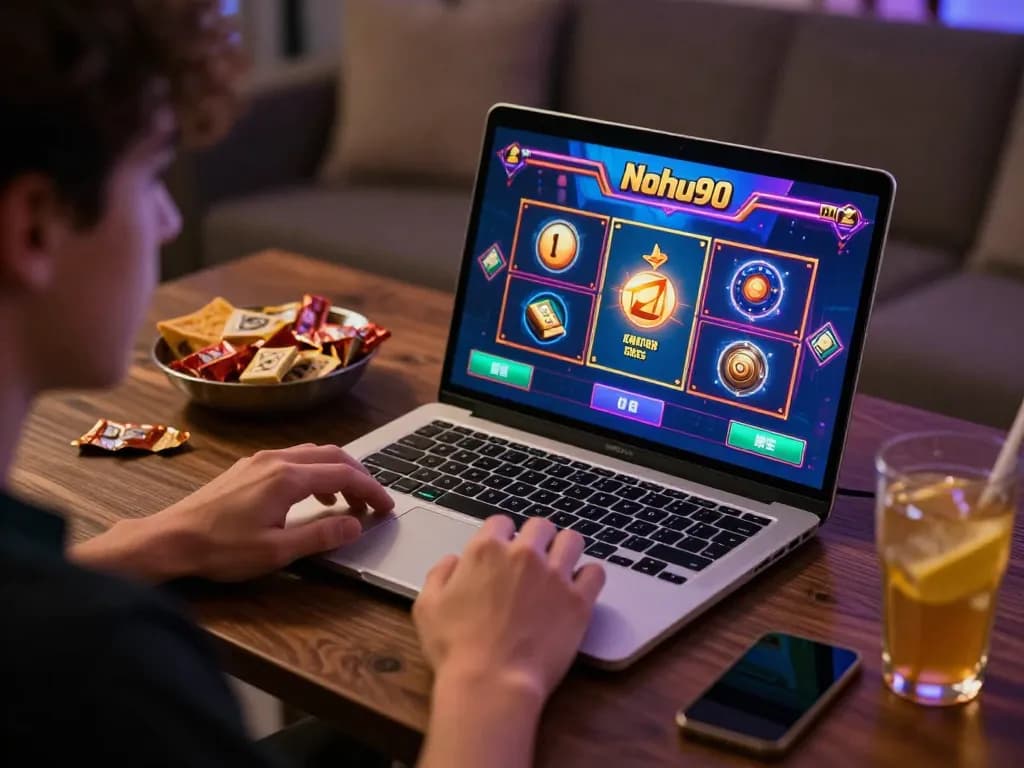 Nohu90 slot player enjoying a vibrant game on a cozy home setup, featuring engaging visuals and snacks.