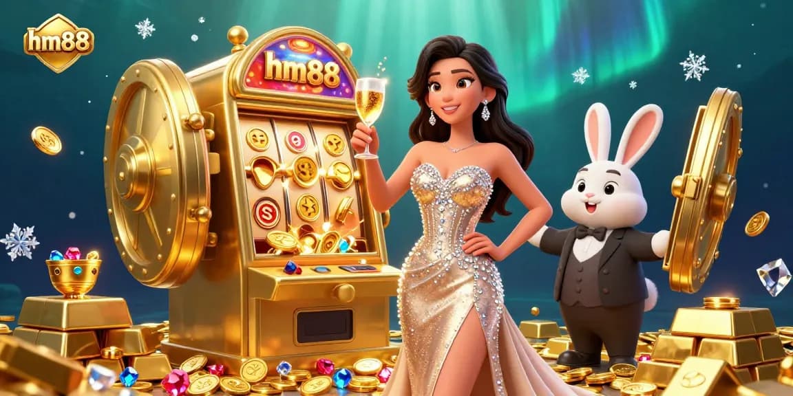 Experience the excitement at hm88 with a glamorous casino scene featuring a stunning woman and jackpot elements.
