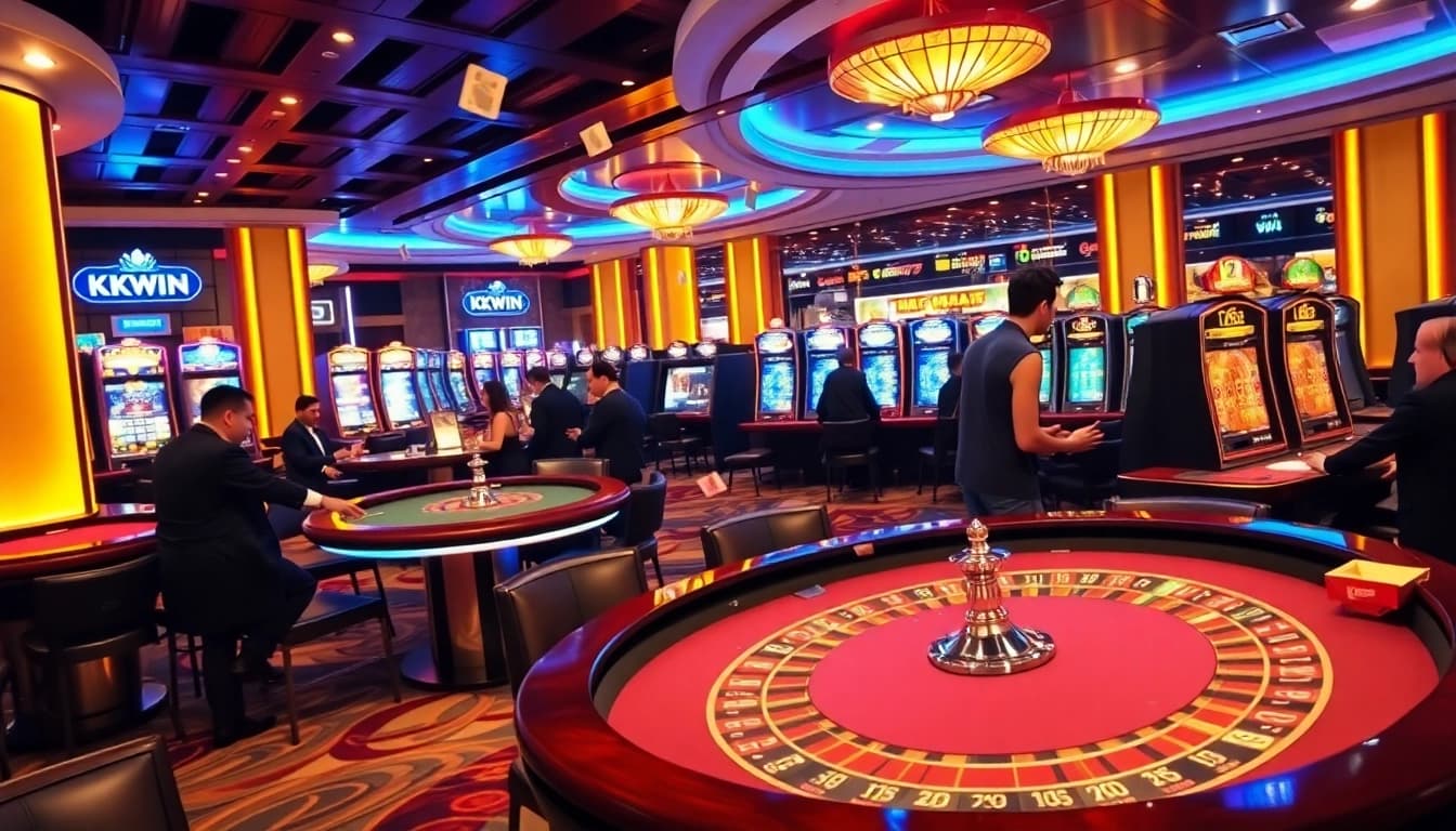 Players celebrating a win at Kkwin's high-stakes blackjack table in a vibrant casino.