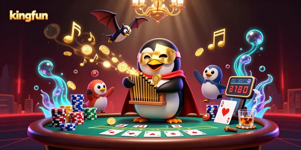 Engage with kingfun in this vibrant casino scene featuring a playful penguin and golden coins.