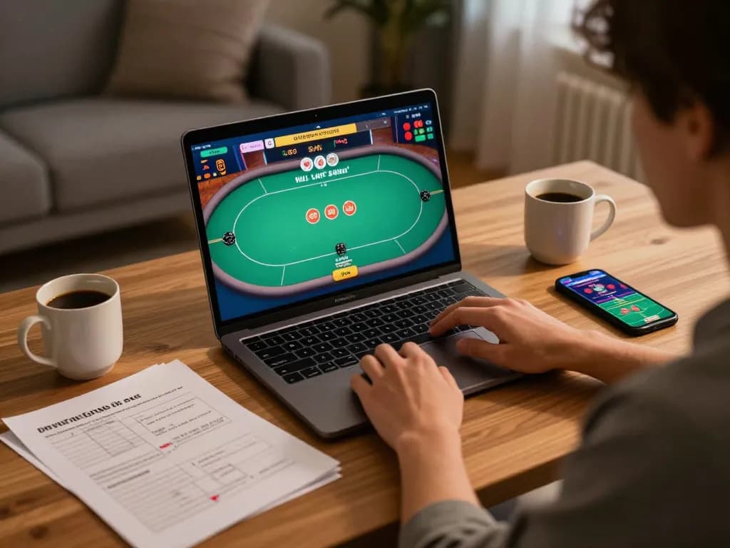 Engaged player strategizing in poker game on their laptop with kwin casino app visible.