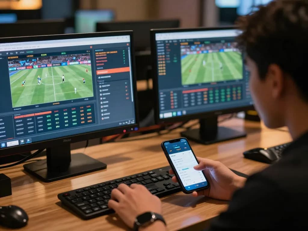 Betting enthusiast analyzing kèo nhà cái odds on multiple screens for strategic decision-making.