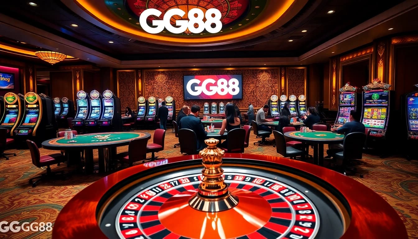 Players enjoying high-stakes games at GG88 casino tables with vibrant slot machines.