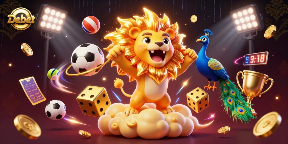 Debet sports betting scene featuring a dynamic 3D lion, golden dice, and energetic elements.