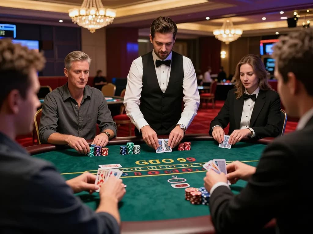 Engaged players strategizing in a thrilling GO99 blackjack game at a luxurious casino table.