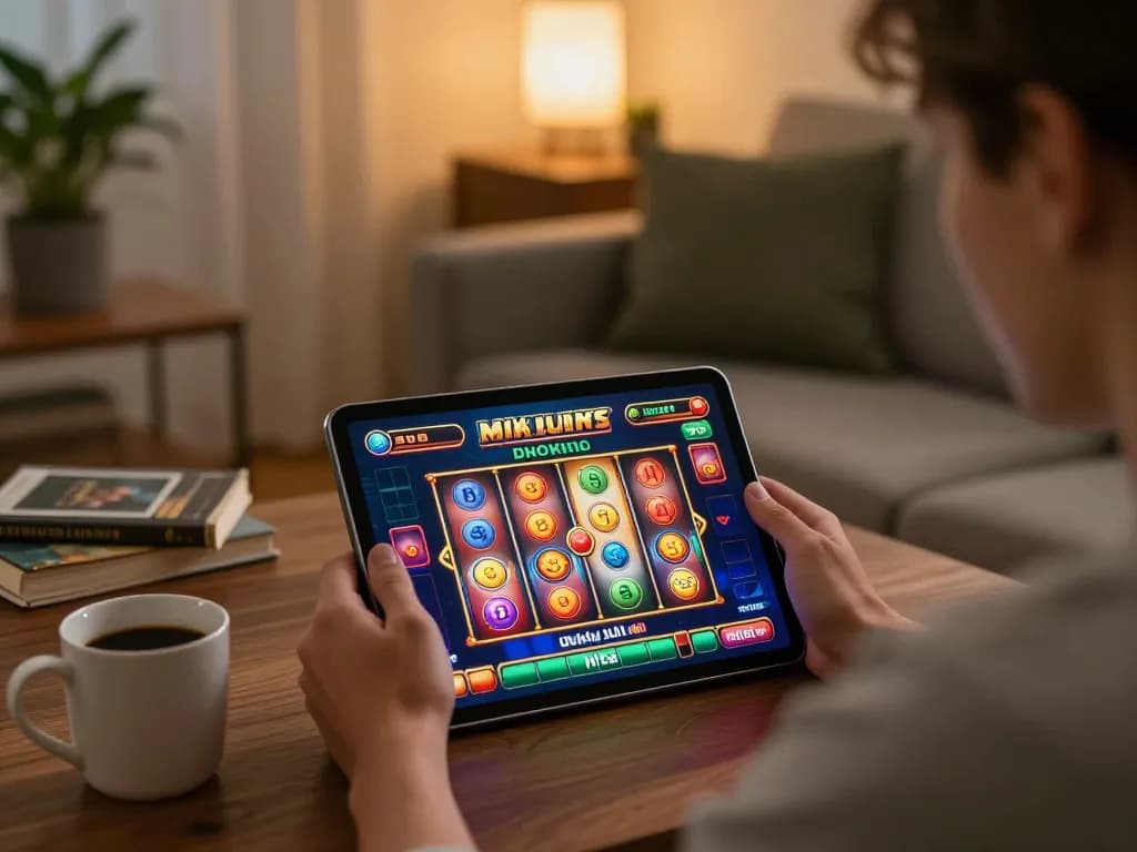 Person immersed in online slots gameplay at https://n188.build/, showcasing engaging interface in a cozy environment.