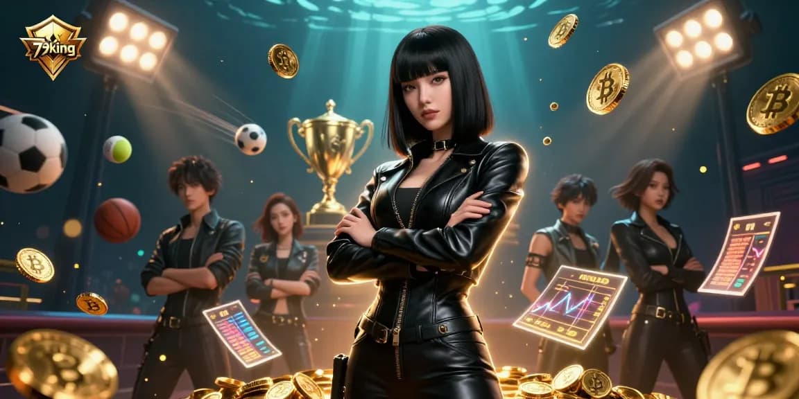 Experience the excitement of 79king as the stunning Asian woman showcases powerful gaming with neon elements and dynamic sports visuals.