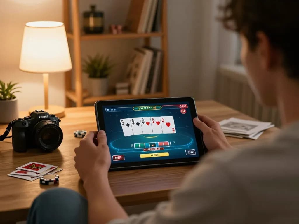 Engaging in online gaming with NK88 on a tablet in a cozy home setting.