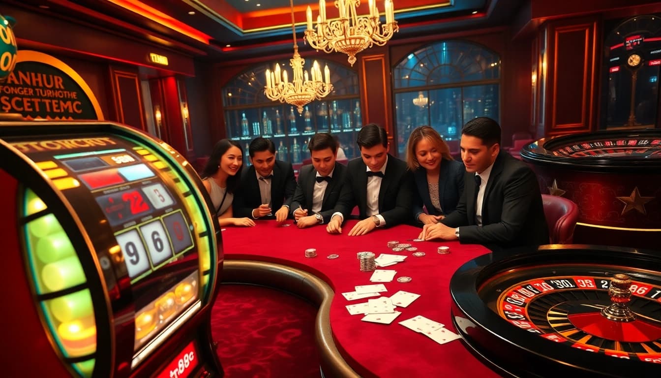 Players enjoy an exciting poker game at tg88, surrounded by luxury casino elements and action.