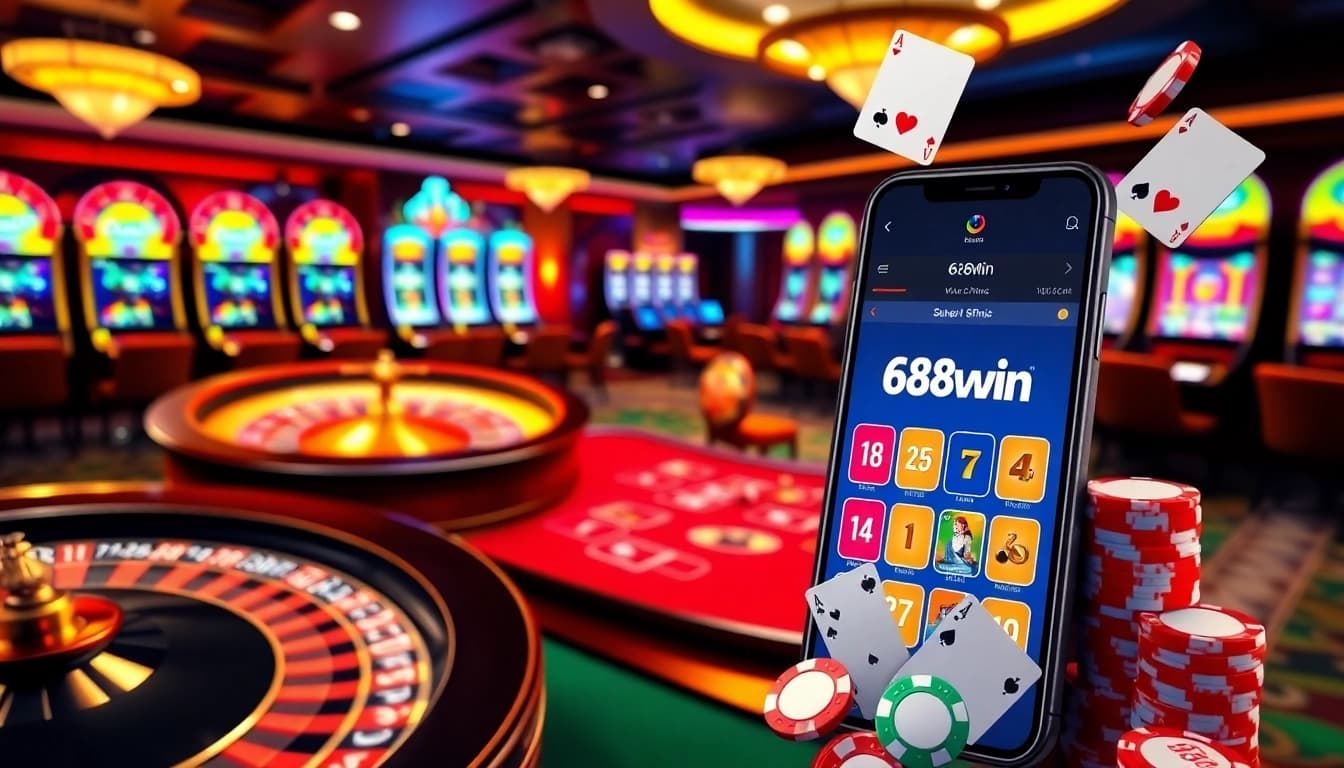 68win casino excitement with roulette and poker table, showcasing online gambling.