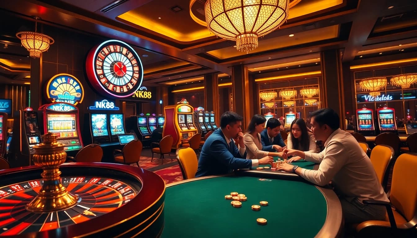 Players enjoying various games at NK88, featuring roulette and poker in a luxurious casino setting.