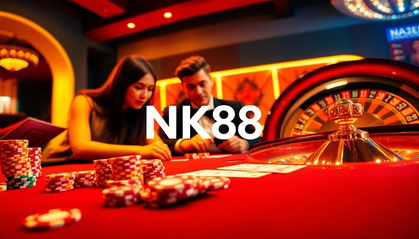Players enjoy engaging table games at NK88, surrounded by vibrant poker chips and a roulette wheel.