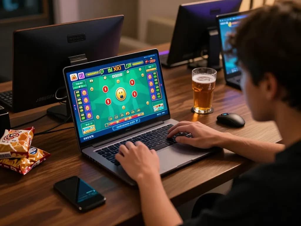 Tài xỉu online gameplay displayed on a laptop in a cozy home gaming setup