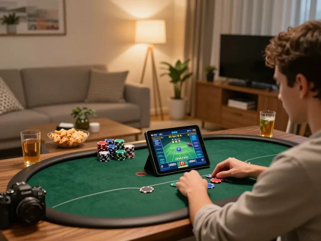 Bay789 player engaged in intense online poker session amid a cozy home atmosphere