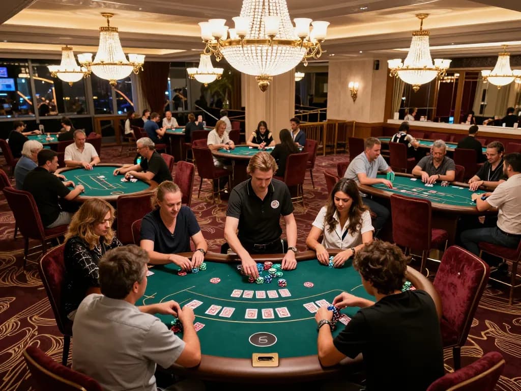 ATQ players strategically engaging in an intense poker game at a luxurious casino table