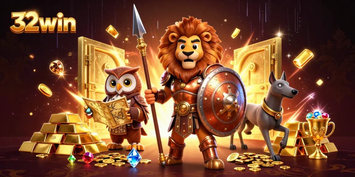 Experience 32win casino excitement with rich details and vibrant 3D characters surrounding golden treasures.