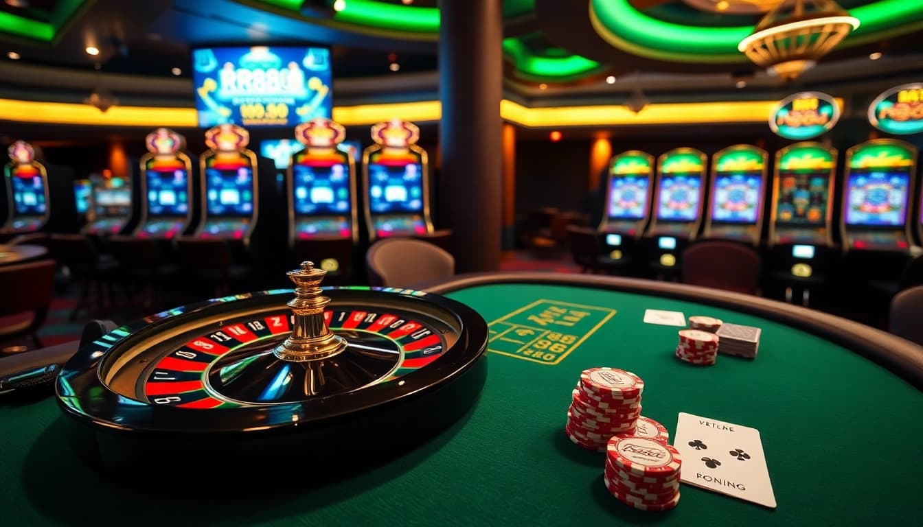 RR88 poker chips and cards on a casino table, highlighting vibrant game excitement.