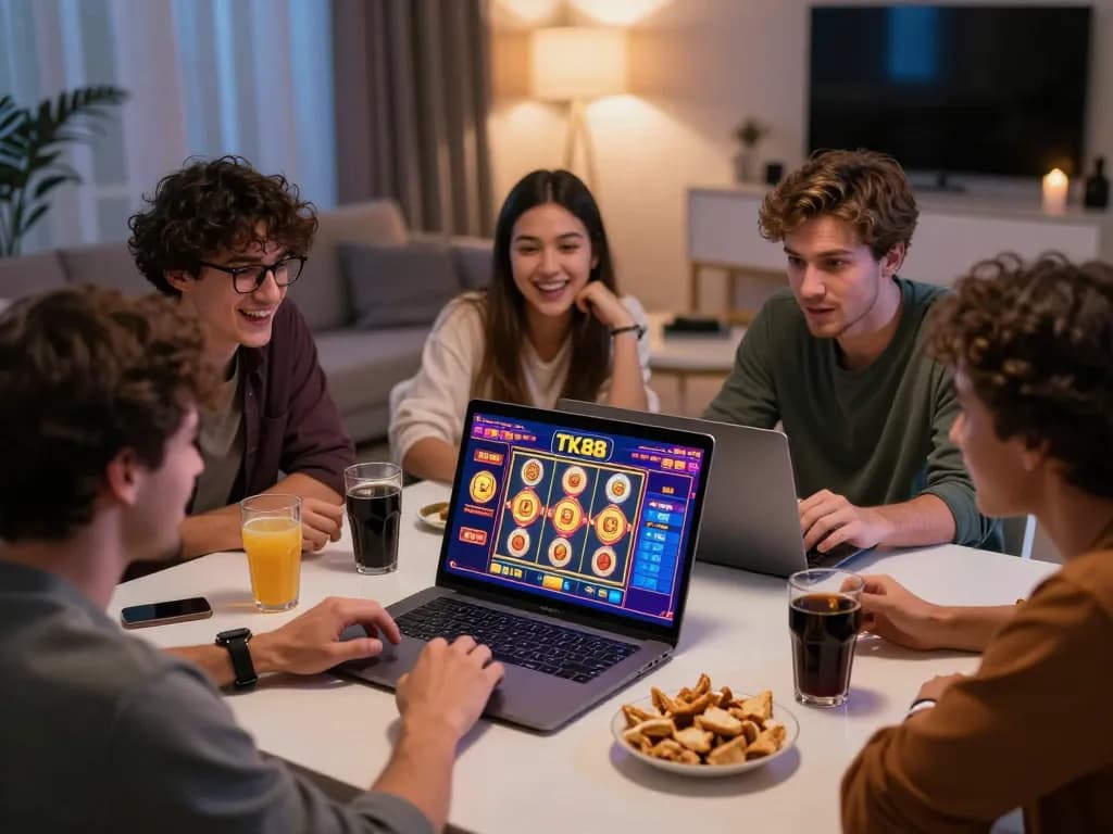 Friends enjoying the TK88 online casino platform in a lively living room setting with interactive games.