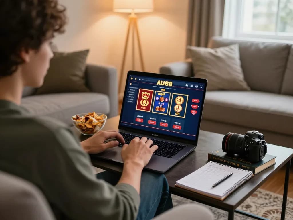 Player enjoying online gambling at home with AU88 interface visible on the laptop screen, emphasizing strategic gameplay.