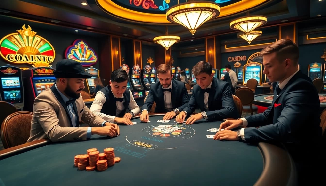 Players engaged in intense poker action at Nhà cái 33win, showcasing excitement and luxury in gambling.