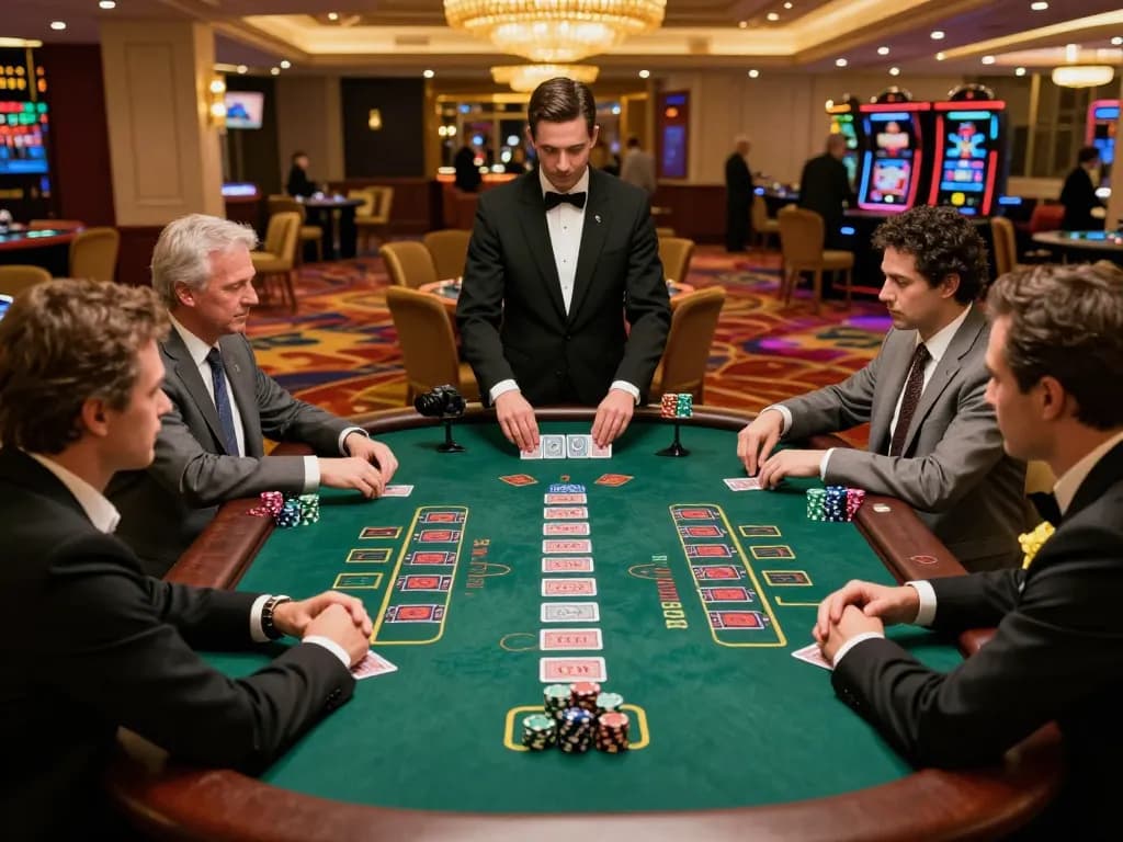Players strategizing at the 789WIN blackjack table in a luxurious casino setting.