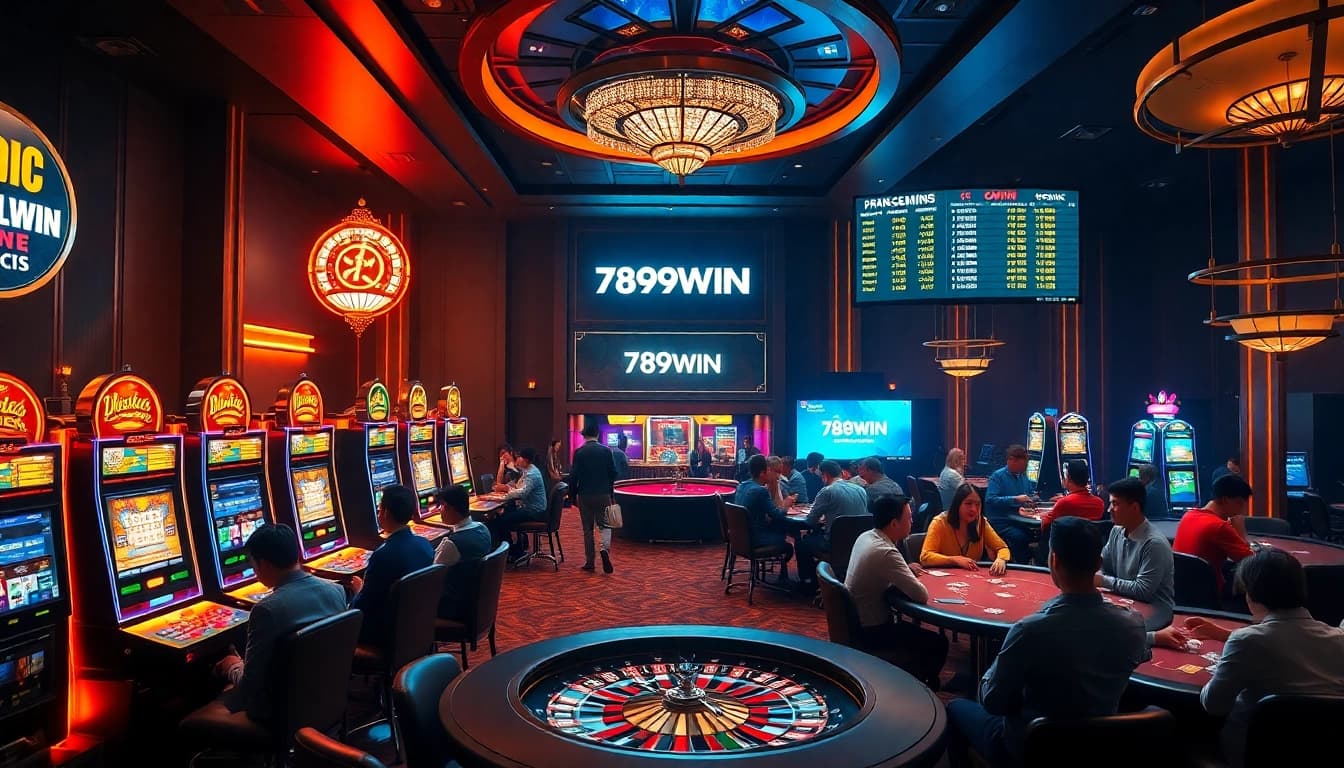 Exciting casino atmosphere at 789WIN featuring vibrant slot machines and poker tables.