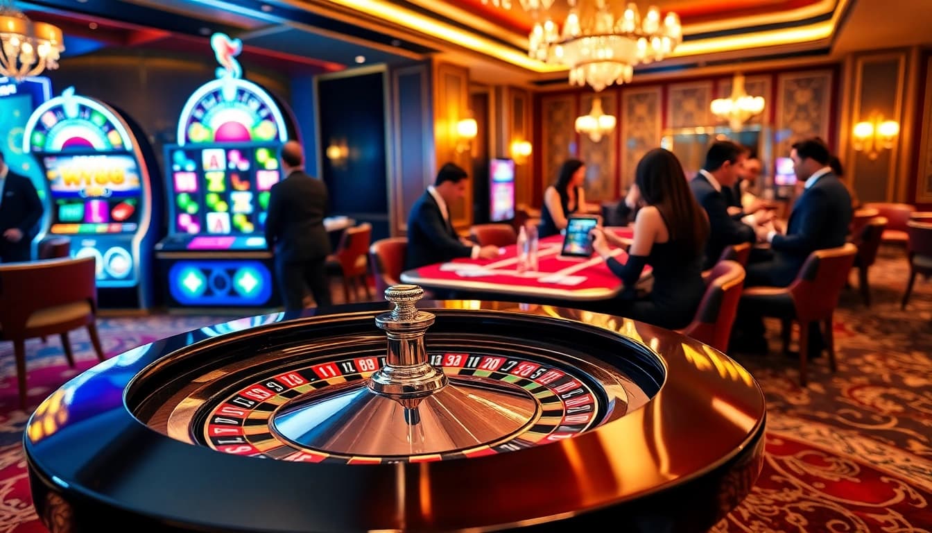 Experience thrilling gaming action at https://w188.today/, featuring a luxurious casino scene with roulette and slot machines.