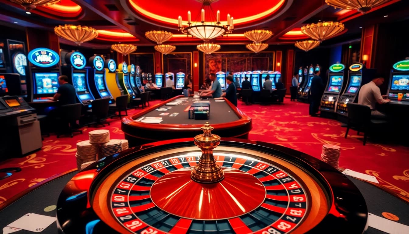 An exciting scene at 8kbet casino showcasing a luxurious roulette wheel, poker chips, and players in action.