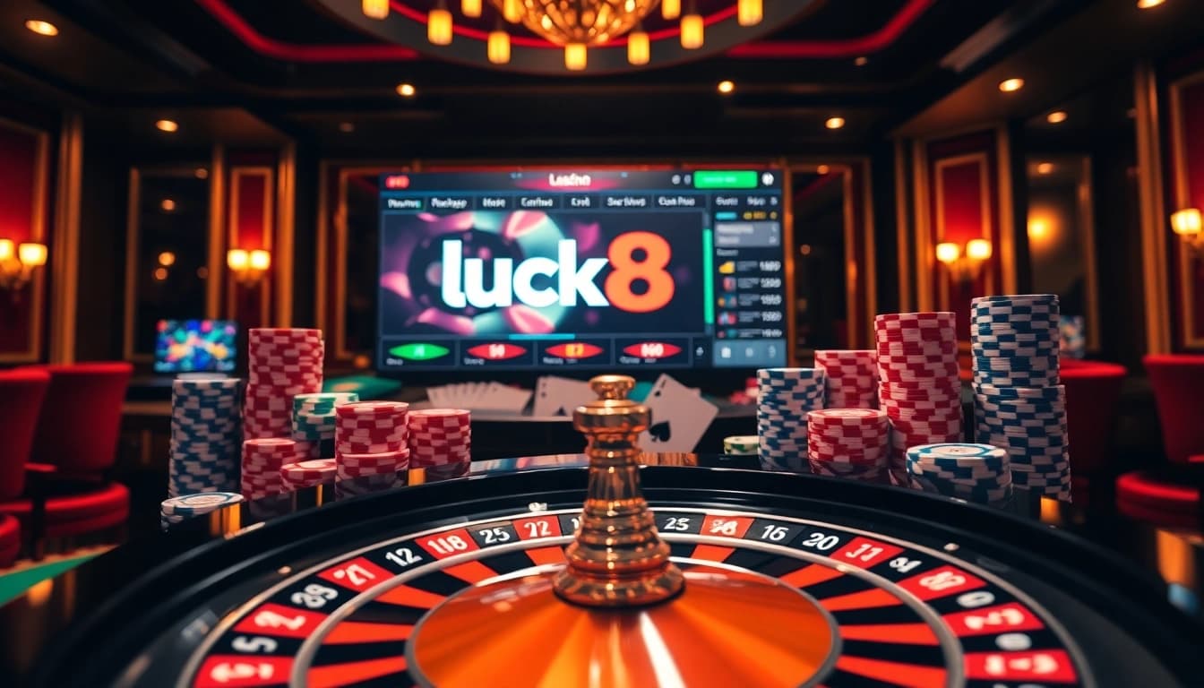 Action-packed scene featuring luck8 poker chips and a roulette wheel in a luxurious casino.