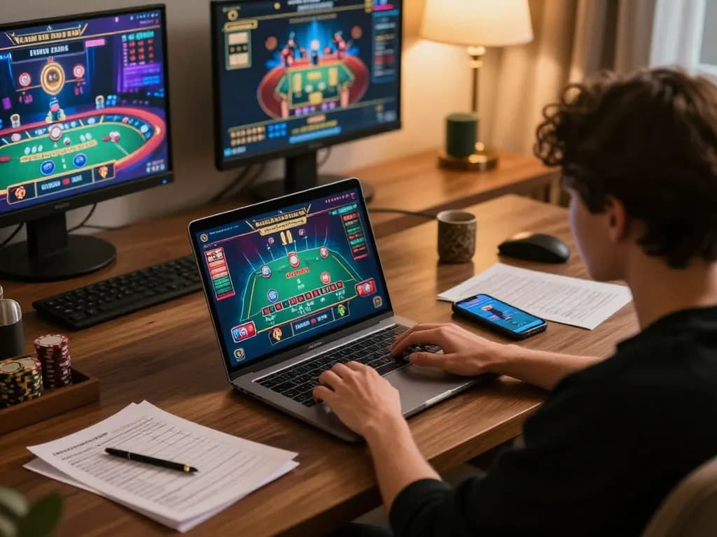 Engaging in exciting live dealer blackjack on MM88 at home, with strategy notes visible and vibrant game interface.