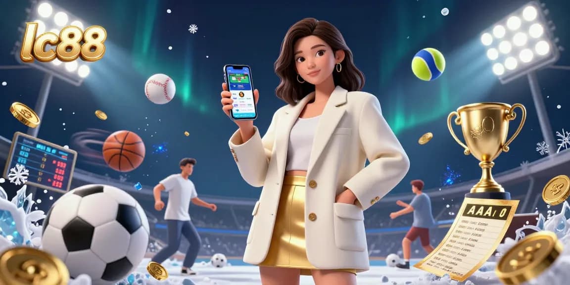 Experience betting apps with lc88 – Asian woman showcasing sports betting and trophy in a vibrant casino scene.
