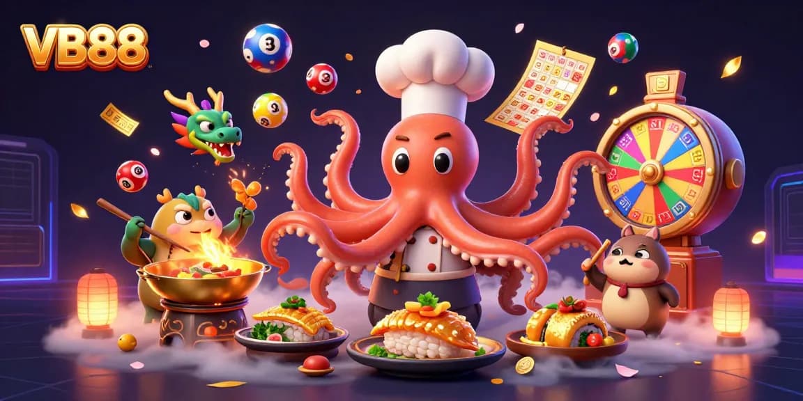 VB88 launches a lively casino atmosphere with a sushi chef octopus and dragon amidst vibrant games.
