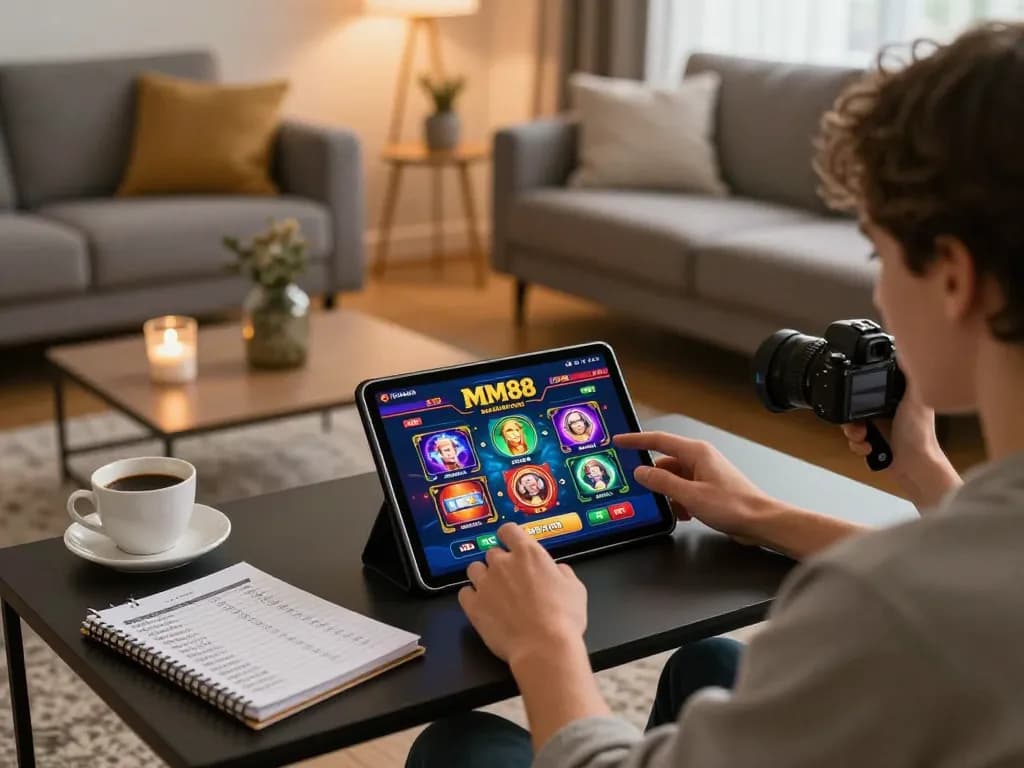 Player engaging with MM88 online casino game on tablet in a cozy home setup.