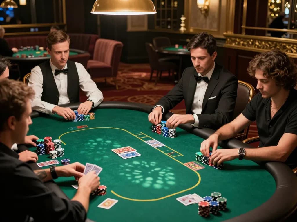 Players at the poker table strategizing in a sunwingo casino, showcasing high-stakes gaming action.