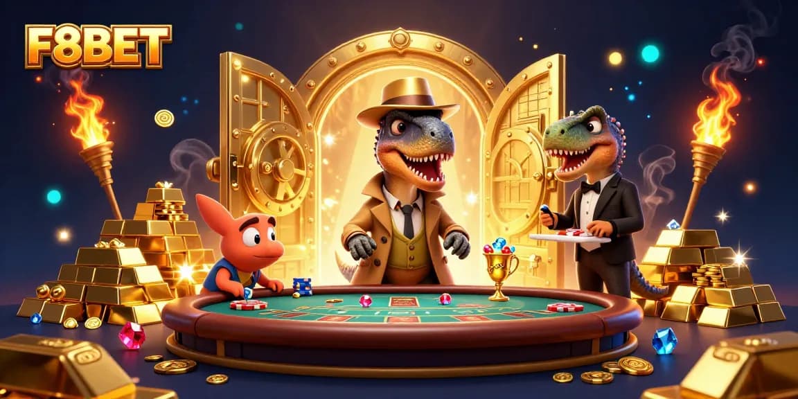 F8BET showcases an energetic 3D scene with cartoon characters engaging at a blackjack table amid treasures