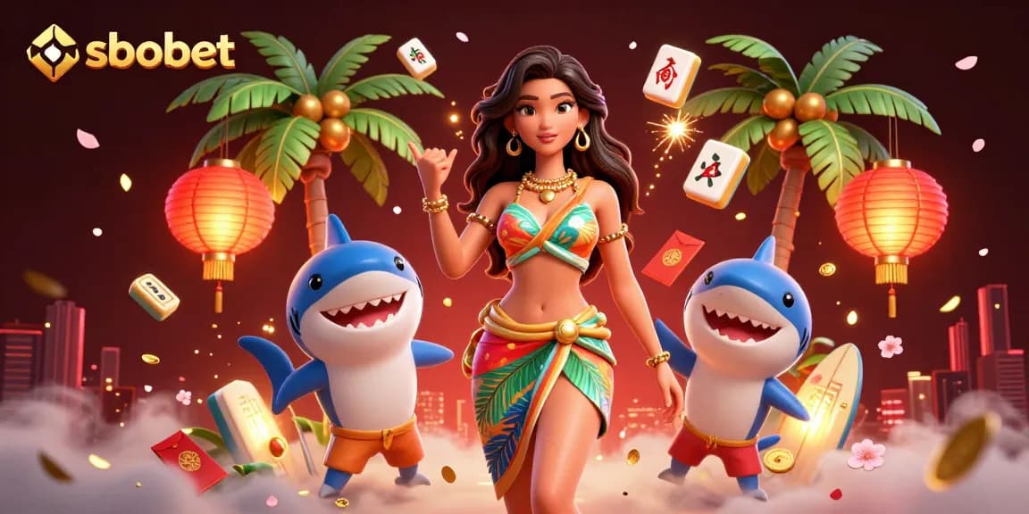 Sbobet sports betting scene with a glamorous woman and a surfer shark showcasing lively casino elements.
