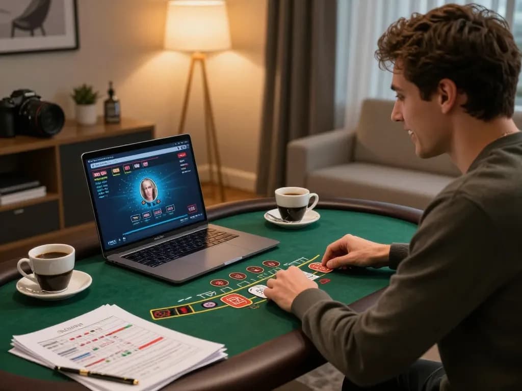 Engaged player strategizing tactics using Soc88 live dealer blackjack on a laptop.