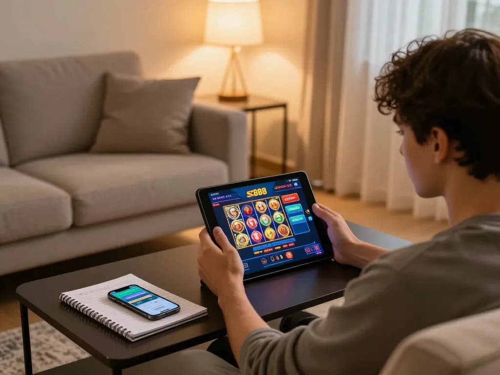 Player using tablet for sc888 online casino gaming in cozy living room setting.